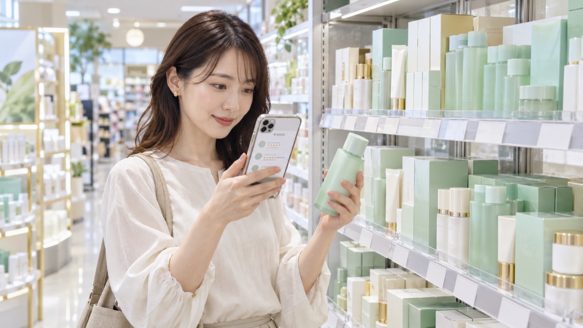 SNSの口コミを見ながら商品を選ぶ店頭イメージ